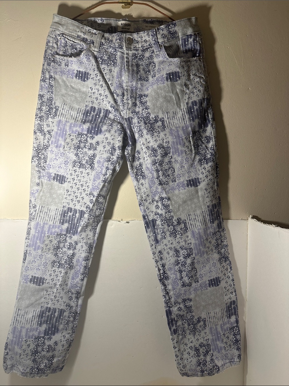 Kensie Patchwork Print Straight Leg Jeans in Light Gray and Blue